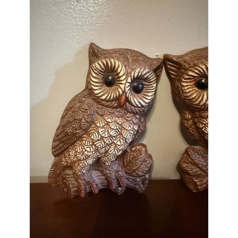Vtg‎ Owl Wall Decor Set Mid Century Retro Faux Wood Look Hanging Pair